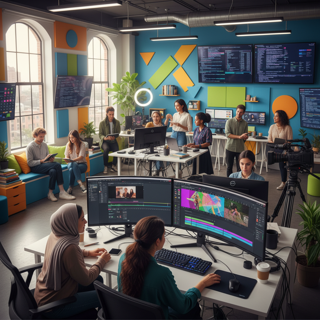 Content creators and AI specialists producing multimedia content in vibrant creative studio