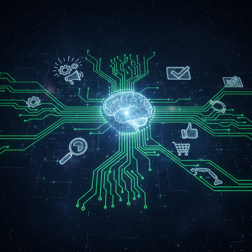 AI workflow diagram showing automated marketing processes and custom AI agent deployment