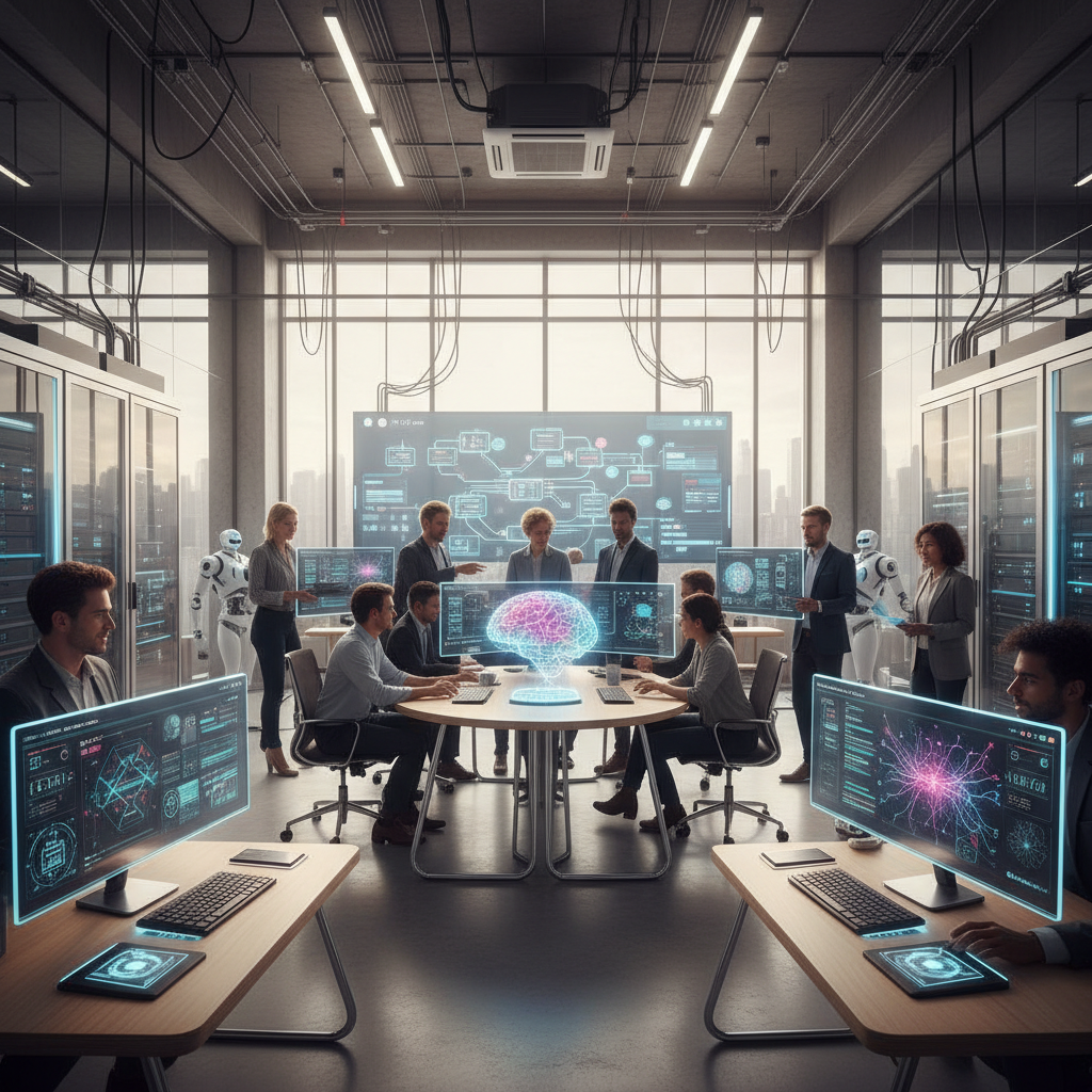 Tech team implementing AI automation tools and workflow integration in innovative workspace