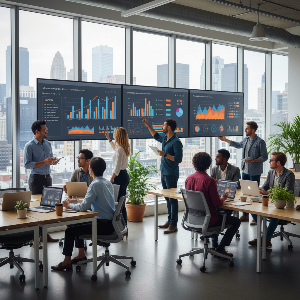 Data analysts and marketing specialists reviewing growth metrics and KPI dashboards