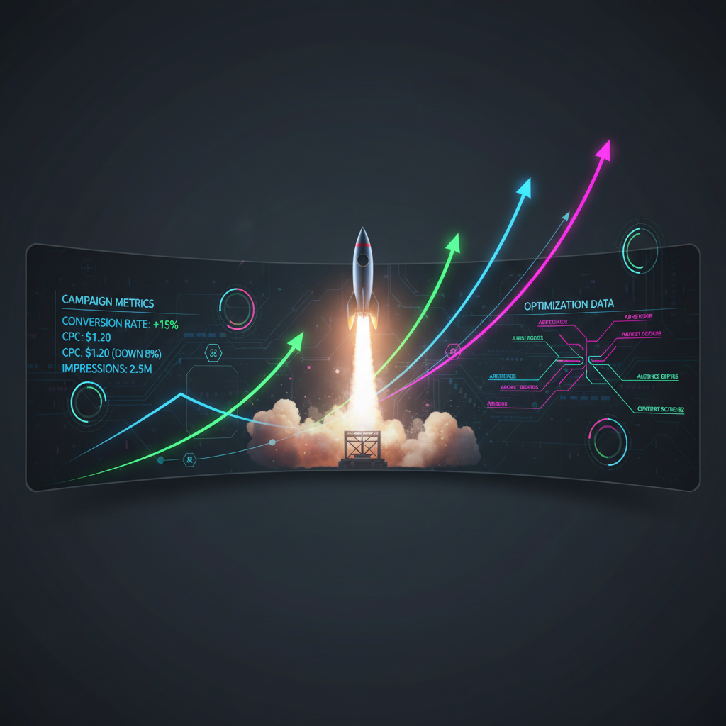 Performance campaign dashboard showing ad metrics, targeting setup and optimisation results