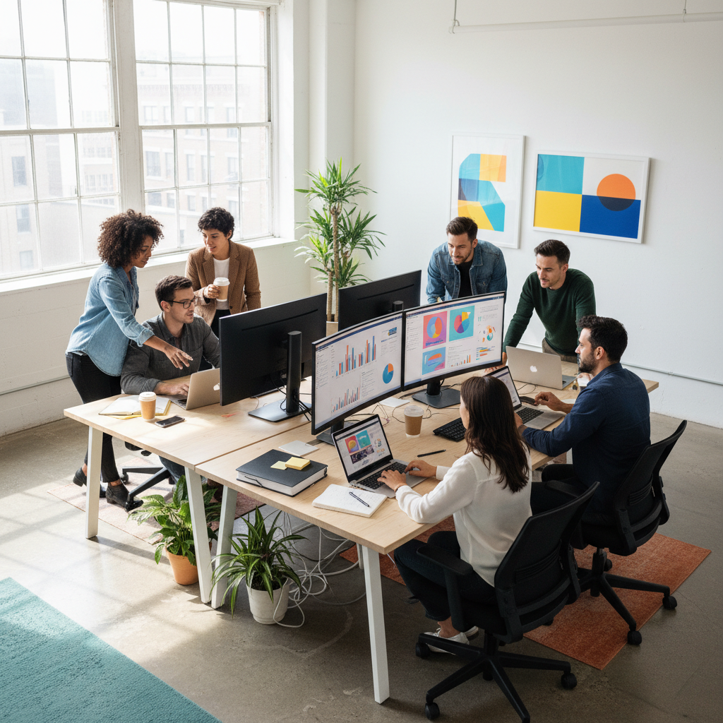 Marketing professionals working on digital advertising campaigns with analytics dashboards