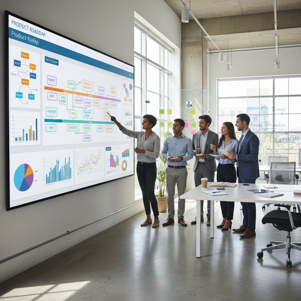 Professional business team collaborating on strategic planning and product vision in modern office