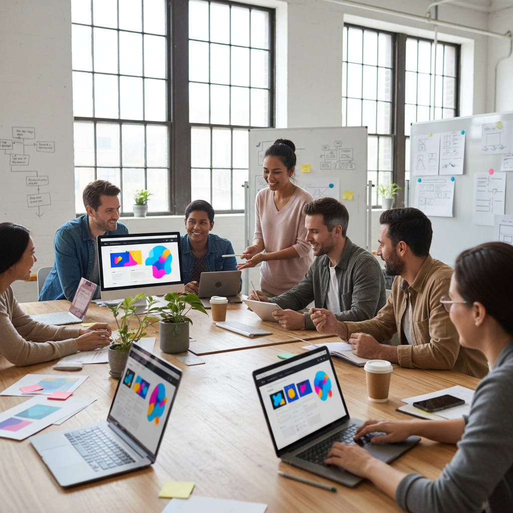 Web designers and developers creating modern website with UX/UI design in collaborative workspace