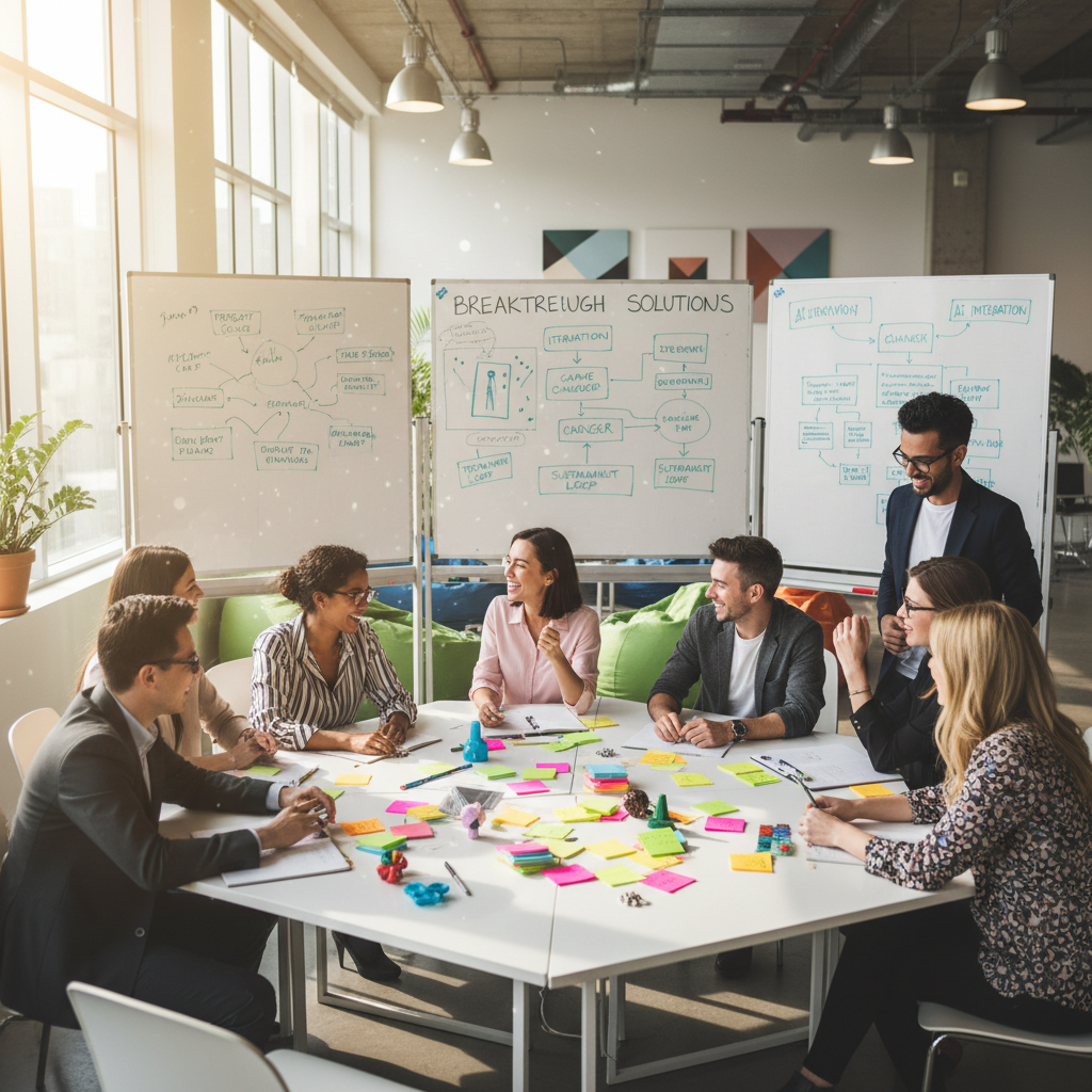 Creative problem-solving session with innovative thinkers brainstorming breakthrough solutions